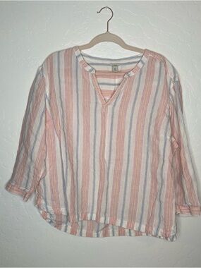 L.L. Bean 100% linen blouse 2X stripes- pink, Blue & White striped v-neck airy
